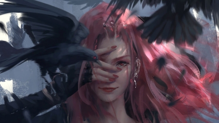 :) - wings, frumusete, bird, art, hanmd, girl, raven, pink, crow, fantasy, wlop, face, luminos, pasari