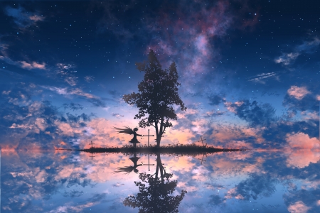 :) - anime, water, blue, girl, silhouette, reflection, pink, tree, black, manga, sunset, cloud, abisswalker8, luminos, sky