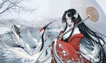 :) - bird, anime, shan gui yu yao, cranes, girl, pasari, manga, white, umbrella, parasol, red