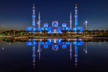 ♥ - blue, night, reflection, palace, castle, abu dhabi, water