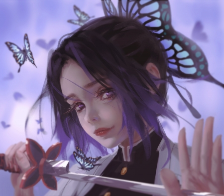 Kochou Shinobu - kimetsu no yaiba, wlop, girl, sword, pink, fantasy, kochou shinobu, face, art, luminos