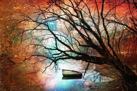 Mystic Moon - boat, moon, autumn, water, tree