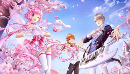 :) - sakura, blue, 3q studio, girl, spring, pink, man, fantasy, instrument