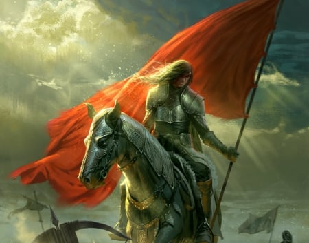 Warrior - brian lee durfe, detail, warrior, orange, horse, armor, fantasy, federico musetti, art, luminos, flag