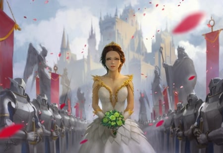 Royal Wedding - bride, wedding, flower, petals, pink, frumusete, fantasy, royal, duy anh do, art, luminos