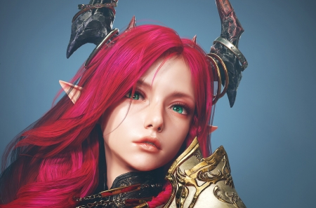 Succubus - blue, frumusete, horns, succubus, jaeyoung jeong, girl, demon, fantasy, face, luminos, redhead