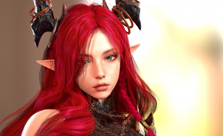 Succubus - girl, jaeyoung jeong, horns, succubus, frumusete, fantasy, redhead, face, luminos, demon