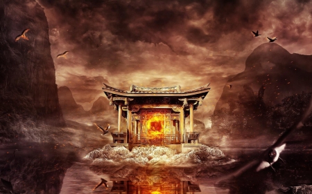 temple of fire - birds, fire, flying, mountains, temple