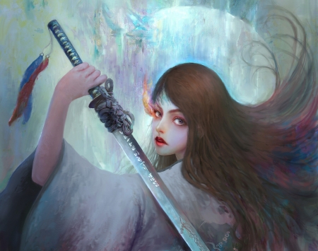 Samurai girl - fantasy, katana, girl, sword, jefferson fagundes, art, luminos, samurai