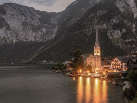 mountain church - cars, church, lake, temple
