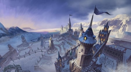 Castle - fantasy, white, view from the top, blue, tian dm, art, castle, luminos