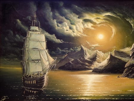 sailing ship - sea, moon, light, sailing, craft, land