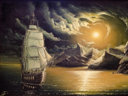 sailing ship - moon, sailing, land, craft, sea, light