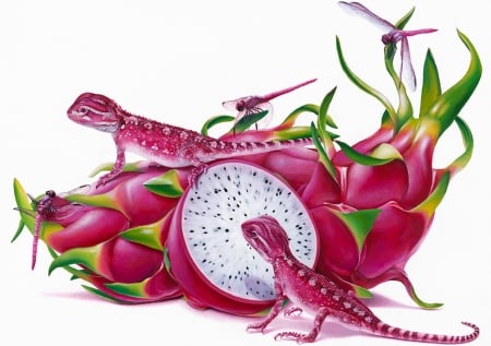 Dragons - ra, summer, lizard, pink, jacub gagnon, fantasy, white, reptile, dragon fruit, libelula, art, vara, luminos, dragonfly