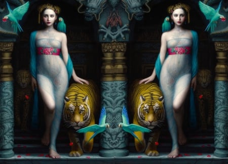 :) - chie yoshii, collage, girl, tiger, frumusete, pictura, fantasy, painting, tigru, art, luminos