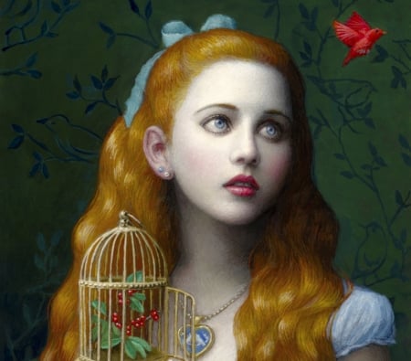 Alice - bird, chie yoshii, girl, blonde, pasari, pictura, cage, painting, face, alice, art, luminos