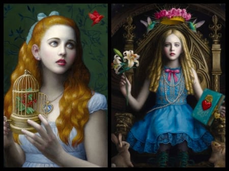 Alice - bird, blue, chie yoshii, collage, girl, flower, fantasy, cage, throne, alice, art, luminos