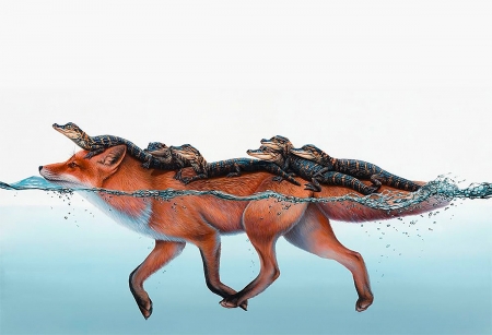 :) - animal, art, vulpe, fox, jacub gagnon, summer, fantasy, crocodile, luminos, water, vara