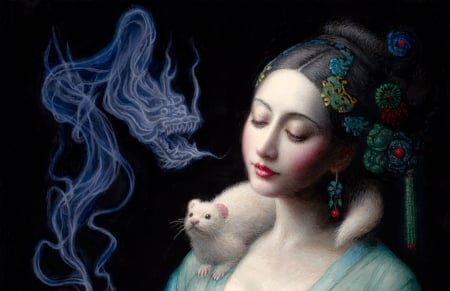 Incense - asianm, ferret, portrait, chie yoshii, girl, jewel, frumusete, black, fantasy, white, animal, dragon, smoke, art, asian, luminos