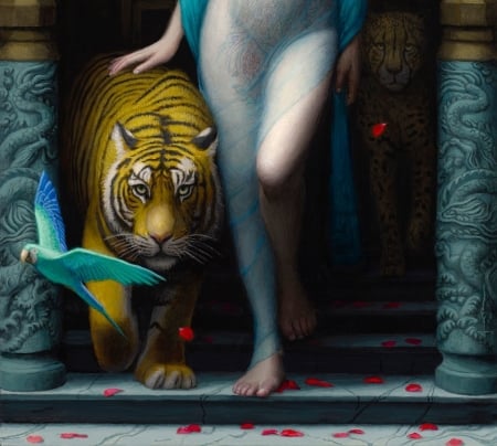 Tiger - bird, blue, chie yoshii, parrot, tiger, pasari, fantasy, tigru, tamer, art, luminos