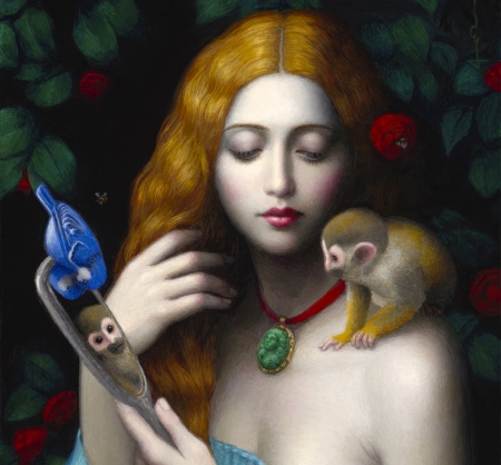 The mirror - maimuta, chie yoshii, girl, monkey, frumusete, black, fantasy, mirror, cute, art, luminos