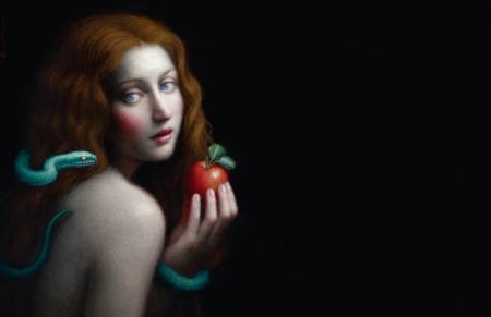 Temptation - snake, chie yoshii, girl, eve, black, fantasy, red, green, apple, temptation, art, luminos