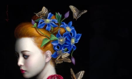 Beauty - blue, chie yoshii, girl, flower, black, frumusete, fantasy, redhead, butterfly, face, luminos