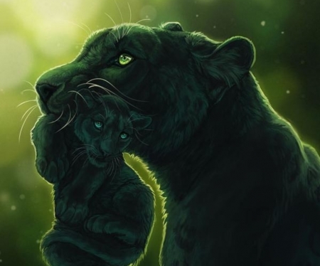 Carry you - cub, deyvarah, black, fantasy, animal, green, pisici, cute, mother, panther, art, luminos