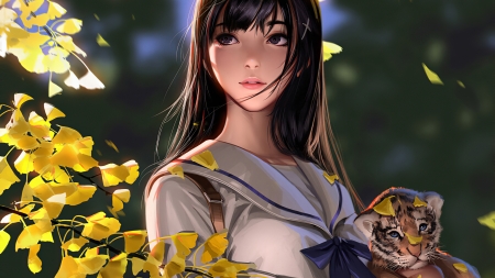Girl with tiger cub - tiger, cub, cute, baby, girl, fantasy, yellow, autumn, luminos, leaf, liangxing