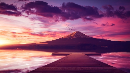 Zen moment - water, summer, ellysiumn, pink, mountain, fantasy, sunset, purple, cloud, vara, sky