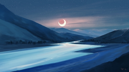 :) - night, blue, art, landscape, moon, fantasy, luna, luminos, water, bisbiswas