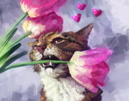 :D - heart, spring, flower, pink, cat, frumusete, fantasy, lalele, dmitry brushray, primvara, pisici, art, luminos