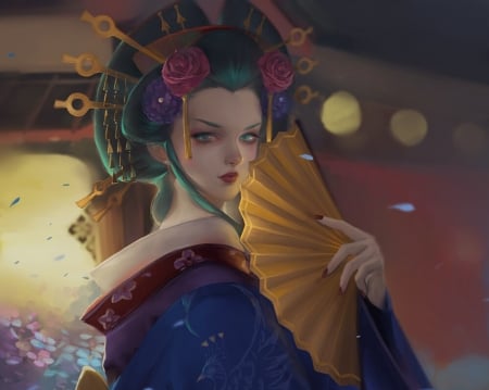 Komurasaki - hand fan, rain wzq, yellow, geisha, blue, komurasaki, girl, kimono, frumusete, fantasy, evantai, asian, luminos