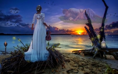 TREASURED MEMORIES - SUNSET, BEACH, COUPLE, VIOLIN, DRESS, FEMALE, MEMORIES