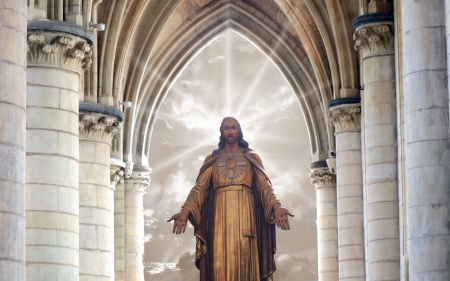 Heart of Jesus - rays, Christ, Lesus, columns, Heart, sculpture