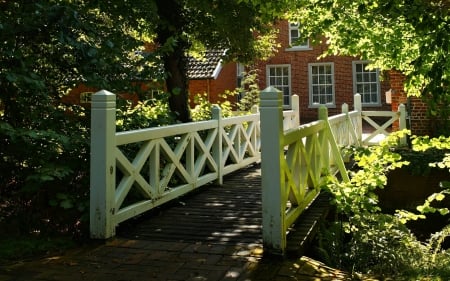 Wooden Bridge - house, trees, wooden, bridge