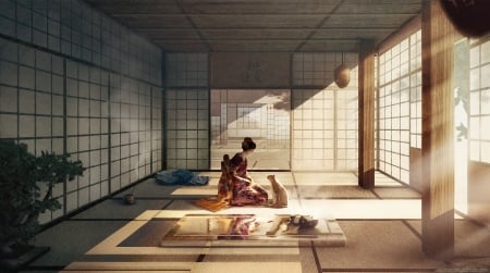 Harmony and order on a spring evening - geisha, girl, room, asain, cat, fantasy, barthelemy aupetit, art, luminos