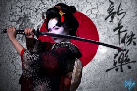 Classic Japan - geisha, girl, sword, kimono, samurai, black, fantasy, red, katana, valery adamson, art, asian, luminos