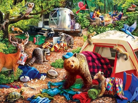 Campsite Troubles - campsite, people, jigsaw, puzzle, camper, bears