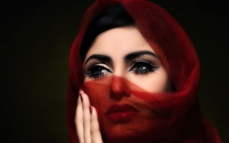 red veil - cool, girls, make up, people, photography, red
