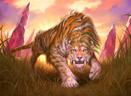 Savannah Sabertooth - pink, orange, tiger, ilse gort, fantasy, animal, art, luminos, sabertooth