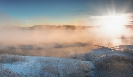 Mist at the unset - mist, nature, sunset, water