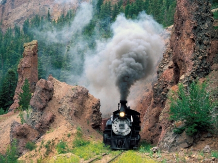 railway train - train, trees, grass, smoke, mountains, rocks