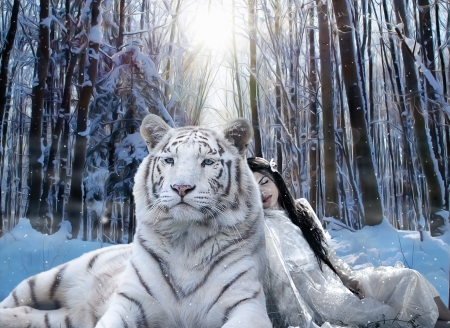 ♥ - winter, blue, snow, girl, forest, tiger, tree, fantasy, white, animal, iarna, tigru, luminos