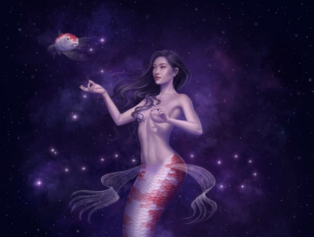 Zodiac ~ Pisces - mermaid, yasushi matsuoka, pisces, zodiac, pesti, fish, siren, vara, frumusete, gorgeous, girl, dark, summer, purple, superb, pink, fantasy, luminos