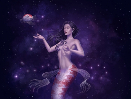 Zodiac ~ Pisces - summer, pink, dark, pisces, purple, gorgeous, siren, mermaid, zodiac, luminos, vara, yasushi matsuoka, girl, superb, frumusete, fantasy, pesti, fish