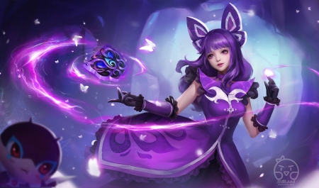 Fantasy girl - blue, frumusete, girl, fox, yanmin ji, purple, pink, fantasy, ears, luminos