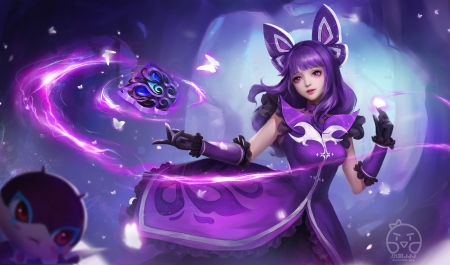 Fantasy girl - blue, ears, fox, girl, pink, frumusete, fantasy, yanmin ji, purple, luminos