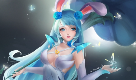Bunny girl - blue, frumusete, girl, bunny, yanmin ji, fantasy, ears, easter, luminos