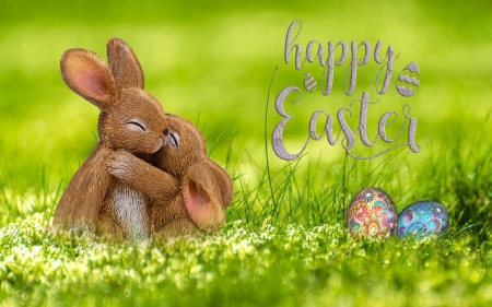 Easter Hugs - eggs, flowers, Happy Easter, bunnies, hugs, grass